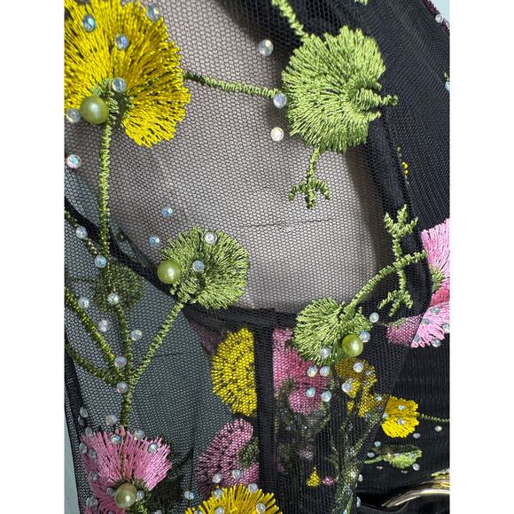 Zhivago In The Garden Floral Mesh Wrap Mini Dress black pink yellow size US 2 - Picture 11 of 15